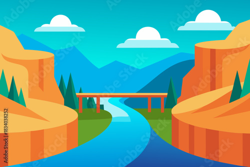 Cartoon landscape of a winding river in a canyon vector illustration