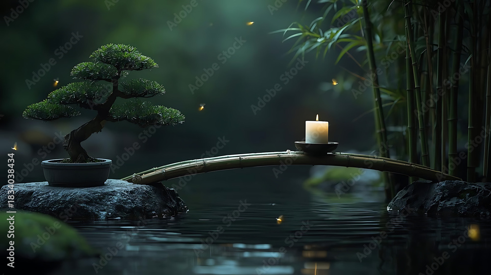 Naklejka premium Zen Garden with Bonsai Tree, Bamboo Bridge, and Candle over Water, Fireflies in Soft Focus, Serene and Peaceful Ambiance for Meditation and Relaxation
