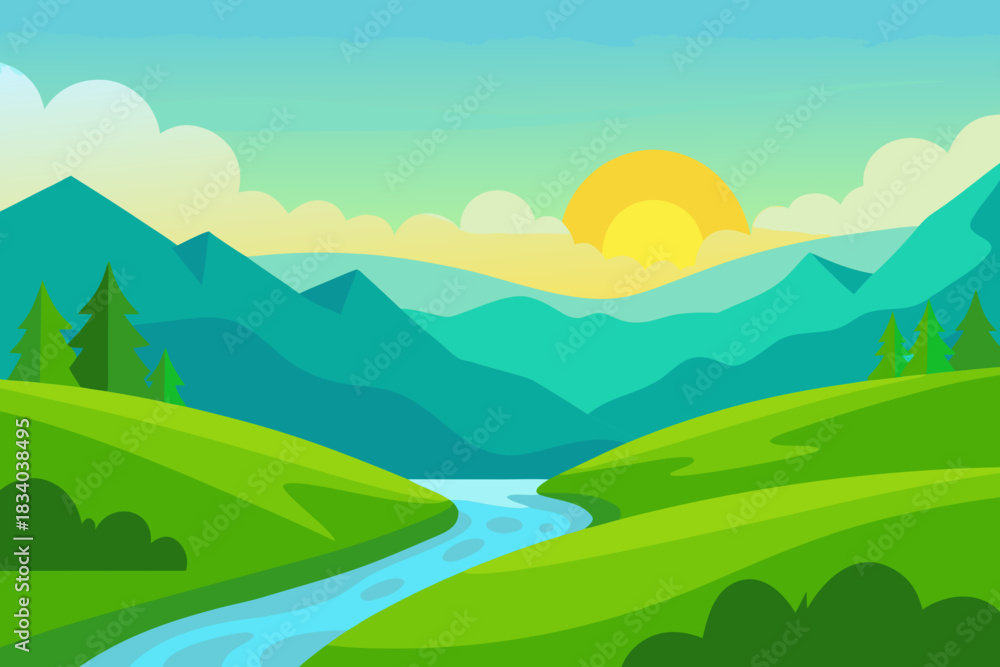 Fototapeta premium Cartoon landscape of a peaceful green valley at sunrise vector illustration