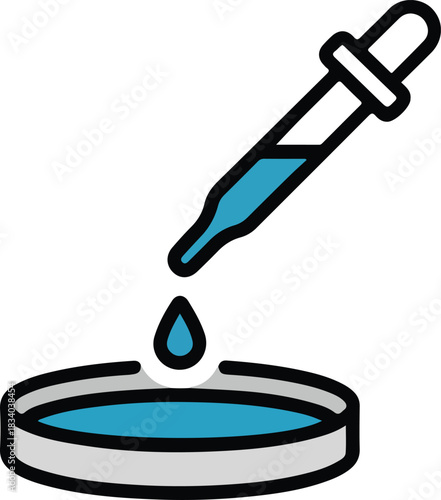 Vector illustration of a pipette dispensing blue liquid into a petri dish for scientific research and experiments