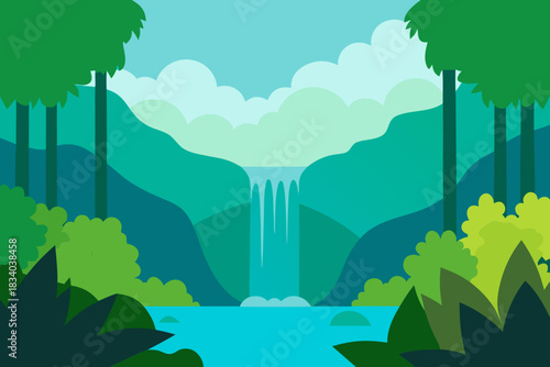 Flat vector scene of a dense jungle canopy with sunlight vector illustration