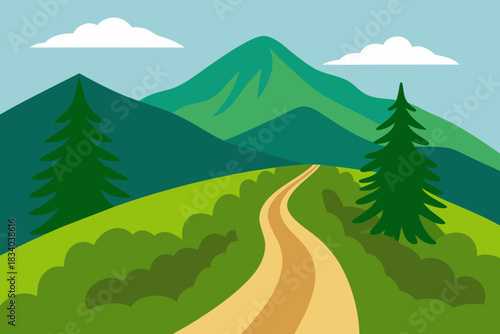 Flat vector illustration of a hiking trail leading to mountains vector illustration