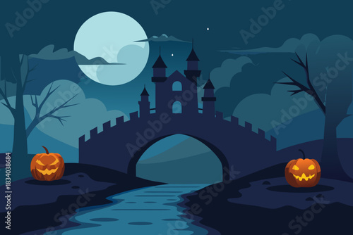 Old stone bridge crossing a foggy river with jack o lanterns vector illustration