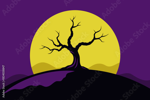 Silhouette style lone dead tree on a hill with a giant moon vector illustration