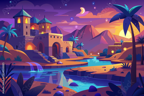 Vibrant illustration of a desert oasis at twilight vector illustration