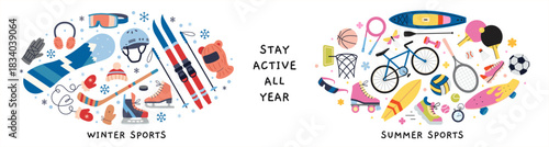 Winter sports equipment vs summer sports gear in round compositions, active lifestyle theme. Trendy modern vector illustration isolated on white, hand drawn, flat design
