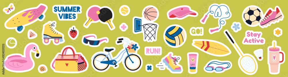Fototapeta premium Colorful Summer activities and games sticker pack with sports gear, beach items, drinks, bicycles and motivational quotes. Die cut with white outline. Trendy modern flat vector illustration.