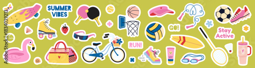 Colorful Summer activities and games sticker pack with sports gear, beach items, drinks, bicycles and motivational quotes. Die cut with white outline. Trendy modern flat vector illustration.