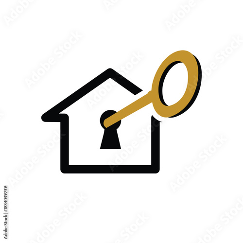this is a flat logo design that depicts a house with a key on the keyhole trying to unlock it
