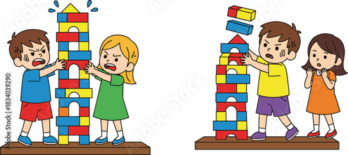 Children fighting over toy blocks, conflict and emotions in playtime, kids arguing and upset while building tower, preschool social behavior concept