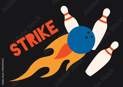 Bowling ball hitting pins with fiery motion effect and strike message in bold dynamic style. Trendy modern vector illustration, hand drawn, flat design