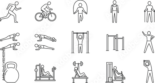 Fitness workout icon set showing running, cycling, jumping rope, stretching, push ups, pull ups, kettlebell, gym training and exercise equipment, health illustration
