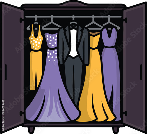 Vector illustration of an open wardrobe closet displaying five formal garments including a tuxedo and four elegant long dresses