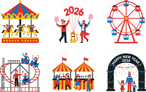 New Year 2026 celebration at amusement park, families enjoying rides, carnival fun, ferris wheel, roller coaster, festive holiday event illustration