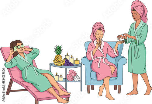 Women relaxing in spa salon, beauty treatment, massage nail care, wellness therapy, skincare routine, healthy lifestyle, illustration of pampering time