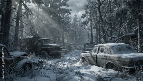 Old abandoned rusty vehicles covered in snow in a desolate wintry forest landscape with sunlight