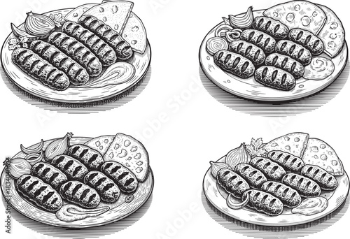 Vintage engraved Serbian ćevapi grill platter icon set featuring grilled sausages, flatbread garnish and classic Balkan culinary style