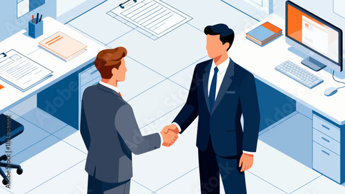This isometric office illustration shows two men shaking hands, surrounded by desks, computers, documents, and plants, representing a business agreement or partnership.
