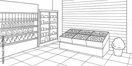 Grocery store shop interior black white graphic sketch illustration vector 