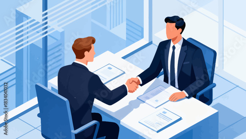 This isometric office illustration shows two men shaking hands, surrounded by desks, computers, documents, and plants, representing a business agreement or partnership.