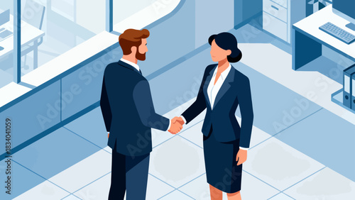 This isometric office illustration shows two men shaking hands, surrounded by desks, computers, documents, and plants, representing a business agreement or partnership.