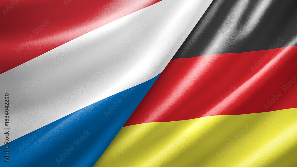 Fototapeta premium Netherlands and Germany two national flags filling the entire frame, close-up view, edge-to-edge composition