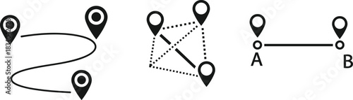 A to B Route and Pathfinding Vector Icon Set Illustrating GPS Navigation, Destination Tracking, Delivery Path, Distance Calculation, and Connected Location Points.