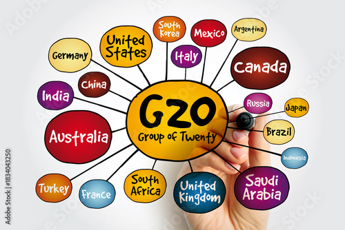 Fototapeta Naklejka Na Ścianę i Meble -  The G20 (or Group of Twenty) international forum 19 countries mind map, concept for presentations and reports