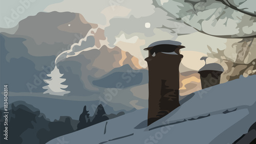Serene winter landscape with snow-covered rooftops and chimney smoke, evoking cozy holiday warmth