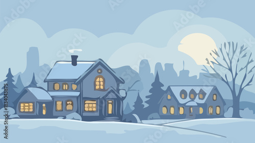 Charming winter scene of cozy homes glowing warmly in the snow, perfect for holidays and seasonal designs