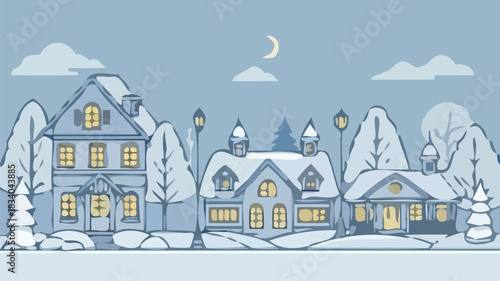 Charming winter village scene with snow covered houses and a glowing moon in a peaceful neighborhood