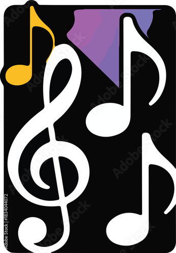 Vector musical notes illustration featuring a bright yellow note and a white note with a subtle purple gradient background