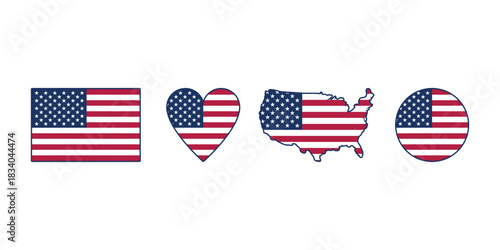 USA Flag Icons Set. Heart, Map, Circle and Rectangle Shapes