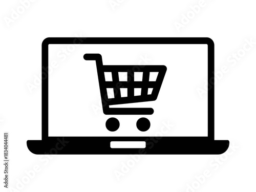 Black icon of a laptop displaying a shopping cart symbol