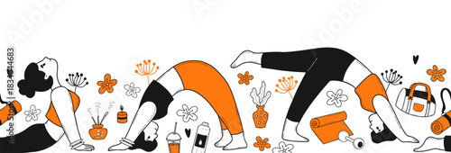 Yoga Fitness Doodle Seamless Border. Horizontal Banner With Woman Poses, Equipment, And Orange Color Accent. Vector Illustration. Not AI