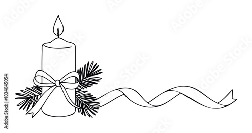 Festive candle adorned with pine branches and a flowing ribbon, perfect for holiday invitations, winter greetings, and seasonal celebrations.