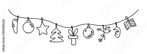 Holiday string garland with Christmas ornaments including baubles, stars, trees, gifts, and mittens for festive decoration, perfect for seasonal celebrations and winter events