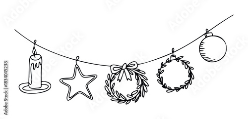 Festive garland featuring a candle, star, wreath with bow, leafy wreath, and bauble hanging on a string for holiday decoration