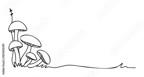 Whimsical line drawing of mushrooms growing from the ground, perfect for nature themes and graphic borders
