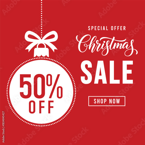 Red Christmas sale banner featuring large white ornament bauble with 50% off text, elegant holiday typography and shop now button, modern festive background ideal for retail seasonal promotion and mar