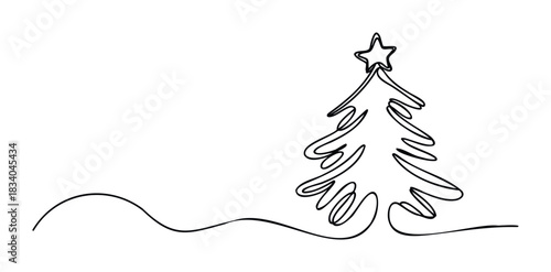 Minimalist continuous line drawing of a Christmas tree with star, perfect for holiday greetings and winter celebrations, offering a simple yet festive graphic element.