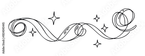 Swirling flourish with starburst accents suggests magical motion or celebratory sparkle for invitations, banners, or decorative accents.