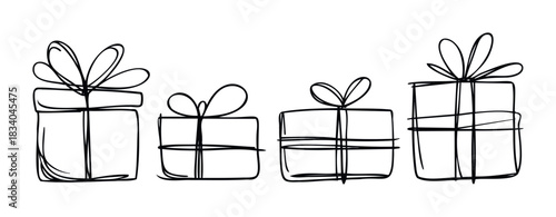Collection of hand drawn gift boxes with ribbon bows in a simple sketchy style perfect for holiday promotions and celebratory greetings