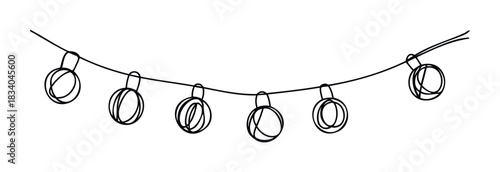 String of simple black outline festive lights hanging on a curved line, perfect for holiday decorations or party celebrations.
