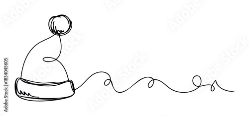 Single line drawing of a Santa hat with a flowing ribbon trailing off to the side, suitable for holiday promotions and festive greetings.