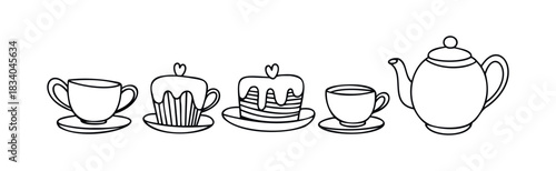 Delightful line art composition featuring teacups, cupcakes, and a teapot, perfect for greeting cards, menus, and web graphics celebrating teatime.