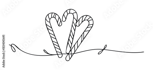 Three candy canes with striped pattern drawn with a single continuous line on a white background, perfect for festive holiday promotions and seasonal celebrations