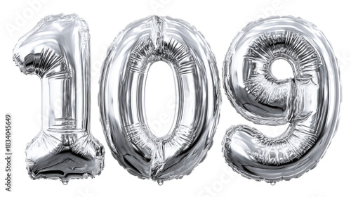 Silver foil balloons forming the number 109 for a celebration or milestone event displayed on a white background for versatile usage in party promotions or anniversary announcements
