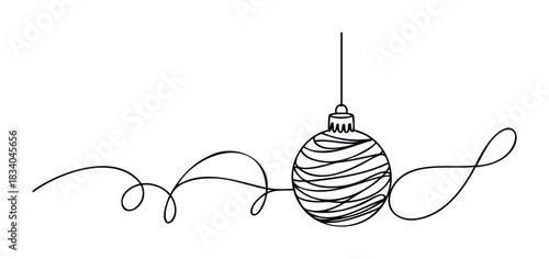 Minimalist single line drawing of a hanging Christmas ornament with a swirling decorative string, perfect for holiday greeting cards and winter celebration themes.