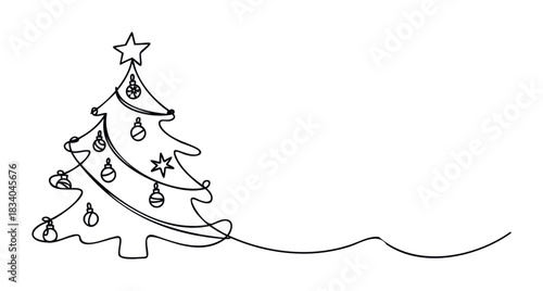Minimalist continuous line drawing of a decorated Christmas tree with ornaments and star, perfect for festive greetings and holiday promotions.